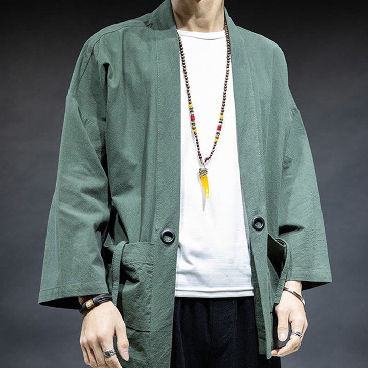 Buddha Stones Solid Color Lace-up Open Front Jacket Cotton Men's Kimono - image 24