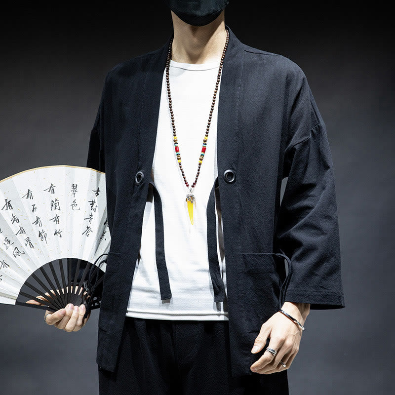 Buddha Stones Solid Color Lace-up Open Front Jacket Cotton Men's Kimono - image 10