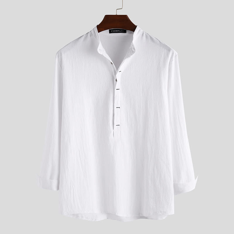 Buddha Stones Solid Color Half Buttons Long Sleeve Cotton Linen Men's Shirts - White - US/UK/AU42，EU52 (3XL) - image 0