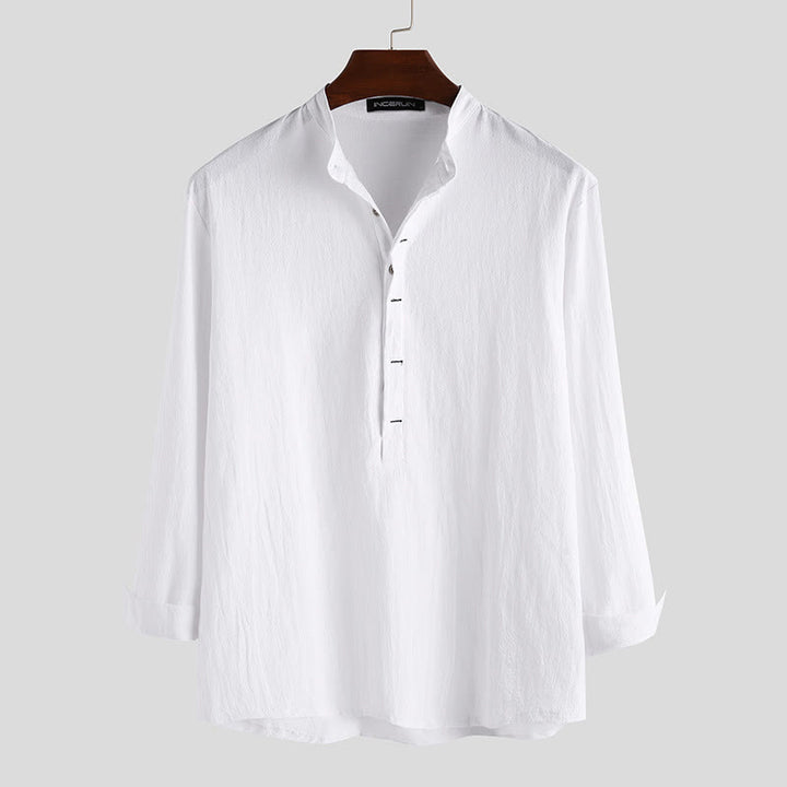 Buddha Stones Solid Color Half Buttons Long Sleeve Cotton Linen Men's Shirts - White - US/UK/AU42，EU52 (3XL) - image 0
