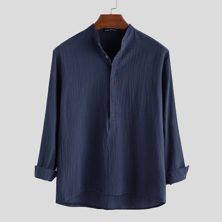 Buddha Stones Solid Color Half Buttons Long Sleeve Cotton Linen Men's Shirts - SteelBlue - US/UK/AU42，EU52 (3XL) - image 4