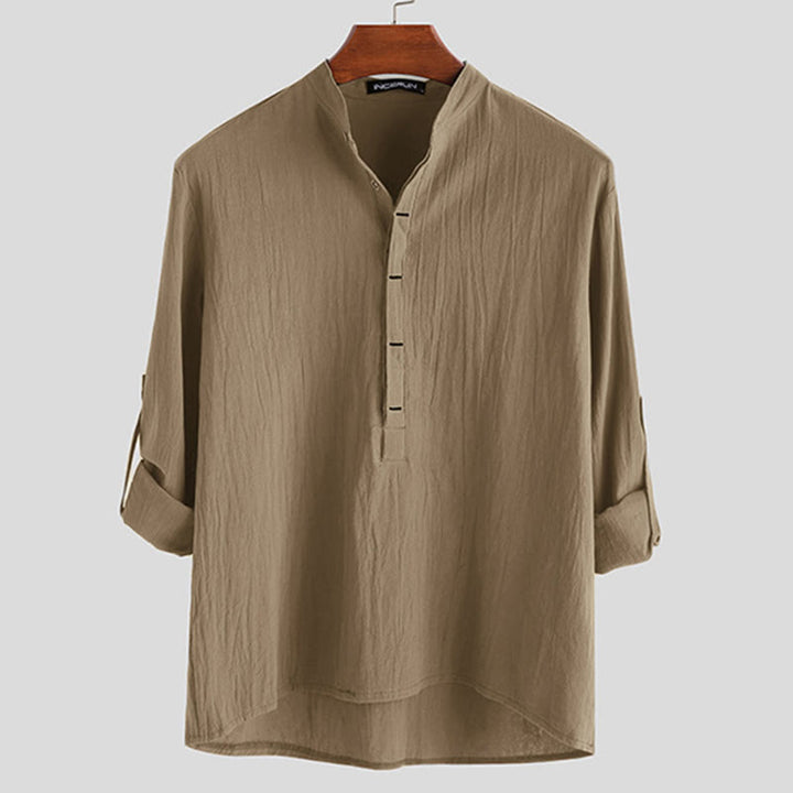 Buddha Stones Solid Color Half Buttons Long Sleeve Cotton Linen Men's Shirts - Tan - US/UK/AU42，EU52 (3XL) - image 7