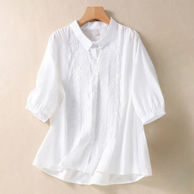 Buddha Stones Summer Plain Button Embroidery Flower Pattern Three Quarter Sleeve Lapel Cotton Linen Women's Shirt - White - US12，UK/AU16，EU44 (2XL) - image 5