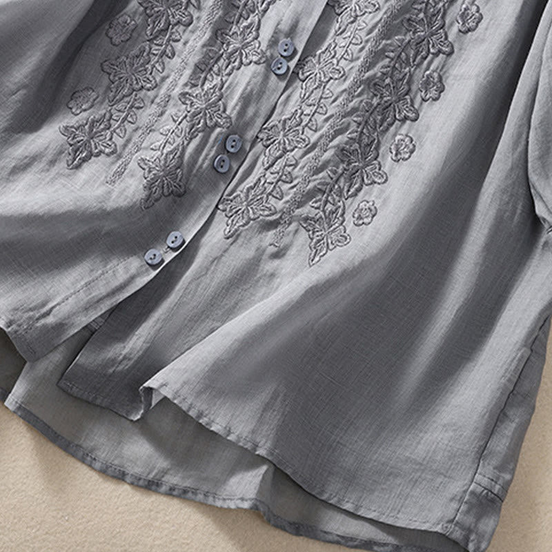 Buddha Stones Summer Plain Button Embroidery Flower Pattern Three Quarter Sleeve Lapel Cotton Linen Women's Shirt - image 18