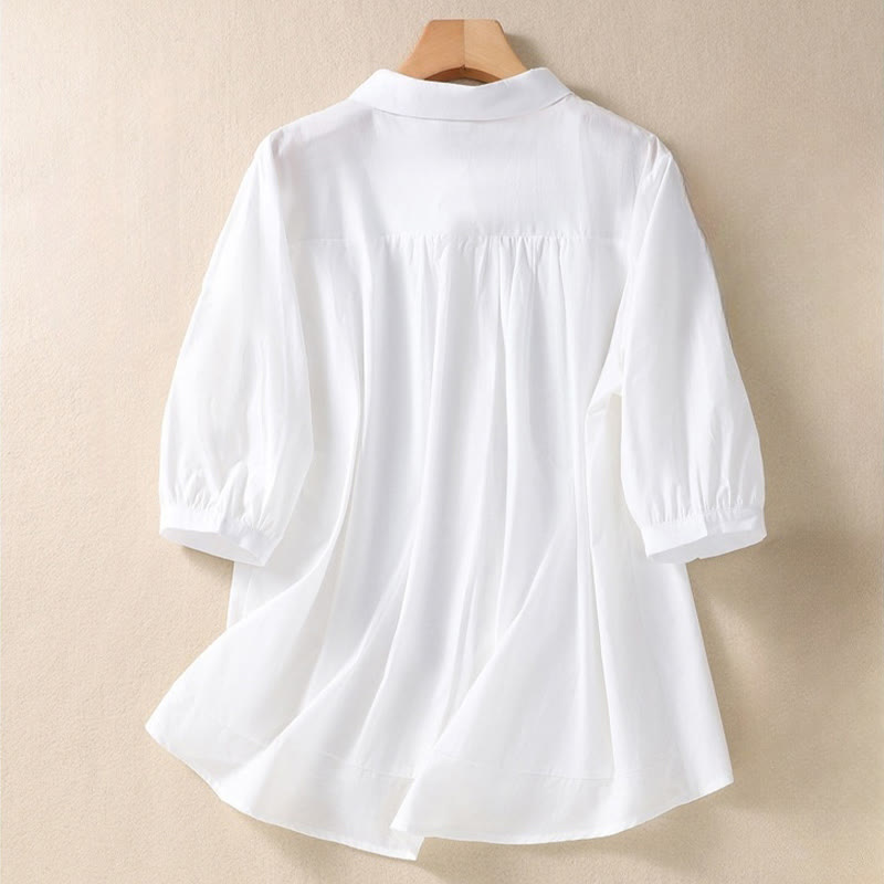 Buddha Stones Summer Plain Button Embroidery Flower Pattern Three Quarter Sleeve Lapel Cotton Linen Women's Shirt - image 6