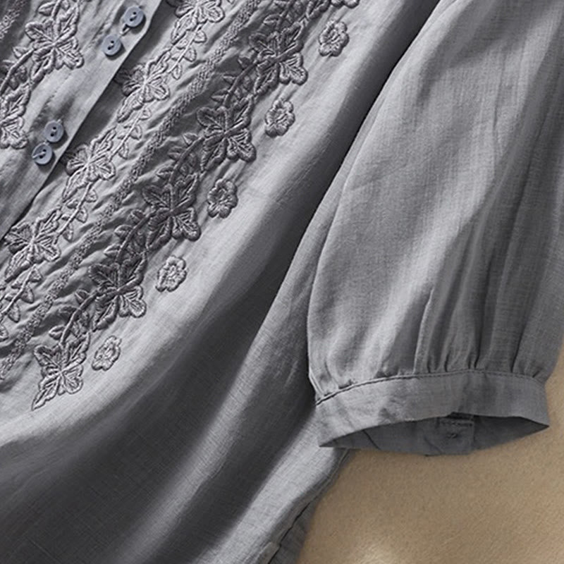 Buddha Stones Summer Plain Button Embroidery Flower Pattern Three Quarter Sleeve Lapel Cotton Linen Women's Shirt - image 17