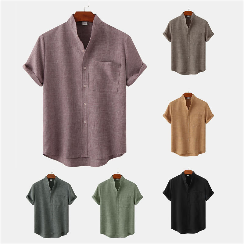Buddha Stones Summer Men's Button Plain Short Sleeve Cotton Shirt With Pocket - image 42