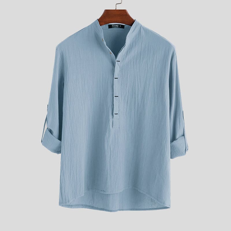 Buddha Stones Solid Color Half Buttons Long Sleeve Cotton Men's Shirts - LightSkyBlue - US/UK/AU42，EU52 (3XL) - image 3