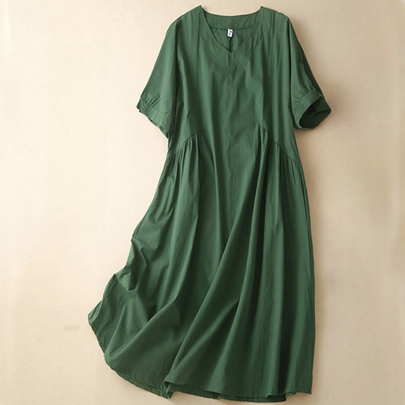 Buddha Stones Casual Pure Color Design Short Sleeve V-Neck Cotton Midi Dress With Pockets - DarkGreen - US8-10，UK/AU12-14，EU40-42 (2XL) - image 0