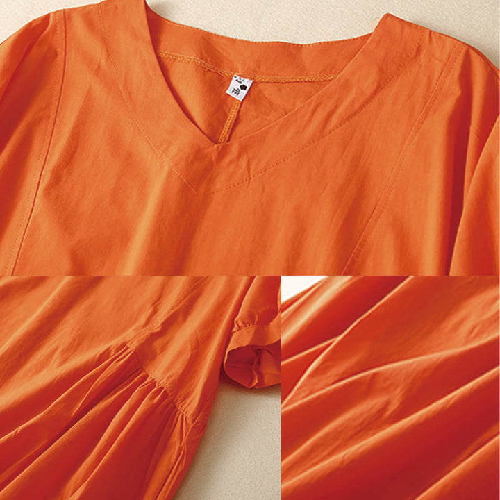 Buddha Stones Casual Pure Color Design Short Sleeve V-Neck Cotton Midi Dress With Pockets - image 7