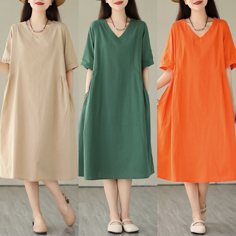 Buddha Stones Casual Pure Color Design Short Sleeve V-Neck Cotton Midi Dress With Pockets - image 20