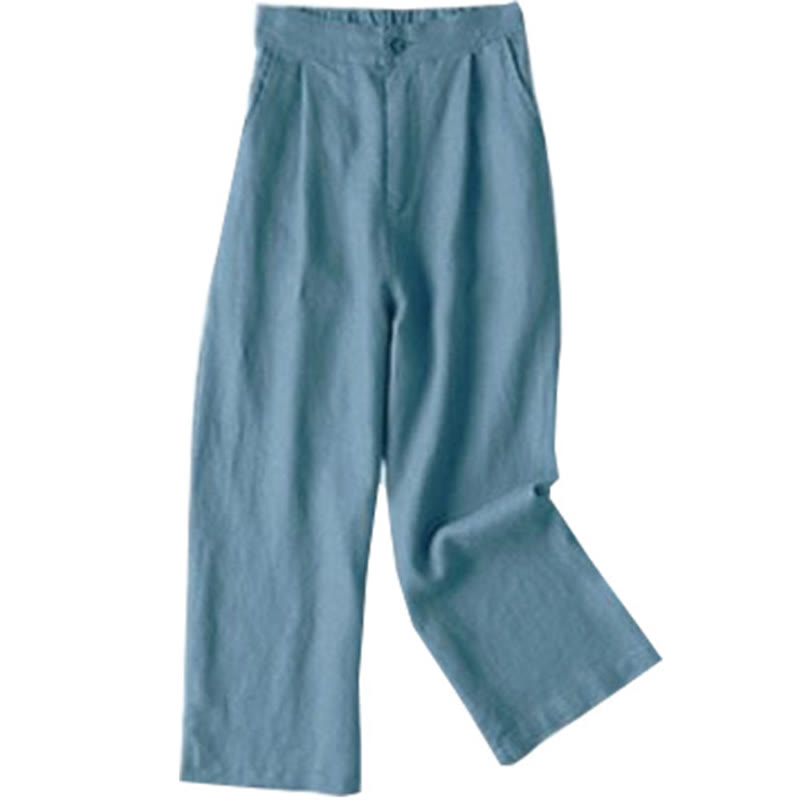 Buddha Stones Commute Solid Color 7-8 Length Cotton Linen Women's Wide Leg Pants With Pockets - SteelBlue - US12，UK/AU16，EU44 (3XL) - image 19