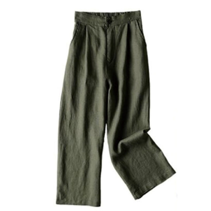 Buddha Stones Commute Solid Color 7-8 Length Cotton Linen Women's Wide Leg Pants With Pockets - DarkOliveGreen - US12，UK/AU16，EU44 (3XL) - image 18