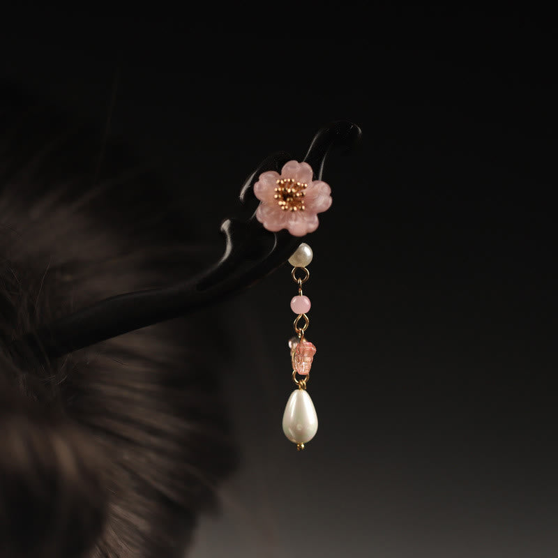 Buddha Stones Ebony Flower Butterfly Blessing Hairpin - Black-Pink Flower - image 0