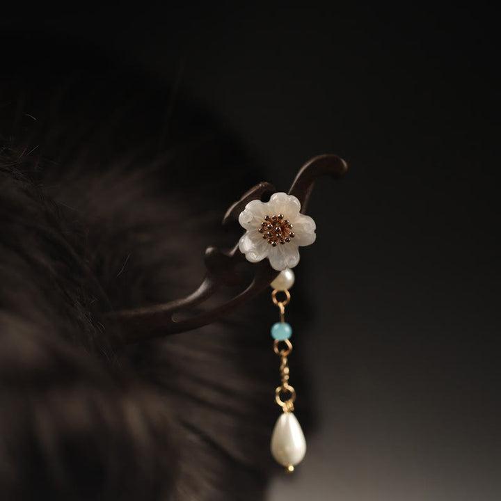 Buddha Stones Ebony Flower Butterfly Blessing Hairpin - Brown-White Flower - image 7