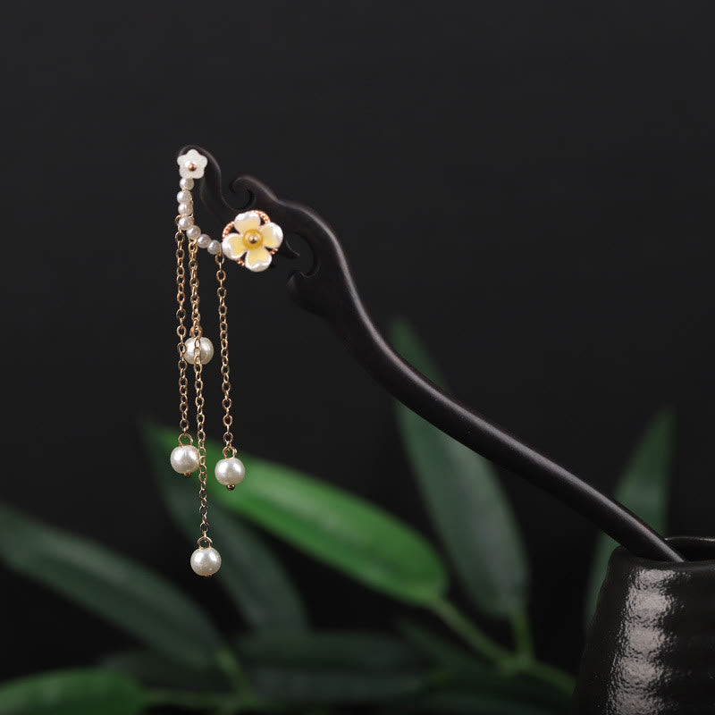 Buddha Stones Ebony Shell Flower Pearl Tassel Blessing Hairpin - image 1