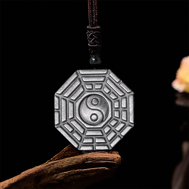Buddha Stones Silver Sheen Obsidian Bagua Yin Yang Symbol Protection Necklace Pendant - image 2