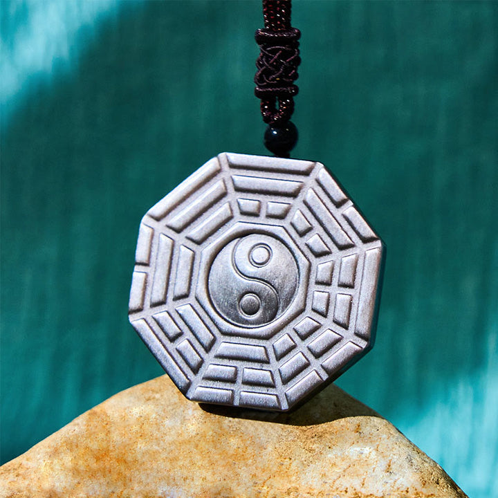 Buddha Stones Silver Sheen Obsidian Bagua Yin Yang Symbol Protection Necklace Pendant - image 4