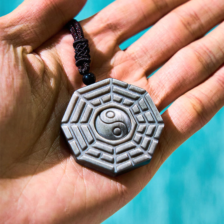 Buddha Stones Silver Sheen Obsidian Bagua Yin Yang Symbol Protection Necklace Pendant - image 10