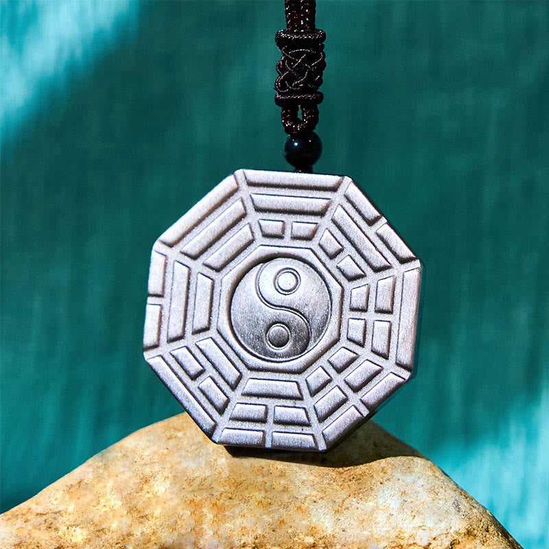 Buddha Stones Silver Sheen Obsidian Bagua Yin Yang Symbol Protection Necklace Pendant - image 12