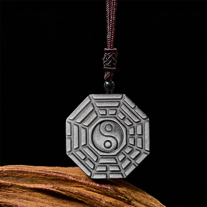 Buddha Stones Silver Sheen Obsidian Bagua Yin Yang Symbol Protection Necklace Pendant - image 1