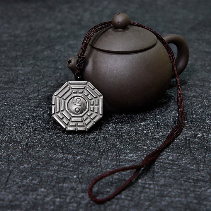 Buddha Stones Silver Sheen Obsidian Bagua Yin Yang Symbol Protection Necklace Pendant - image 3