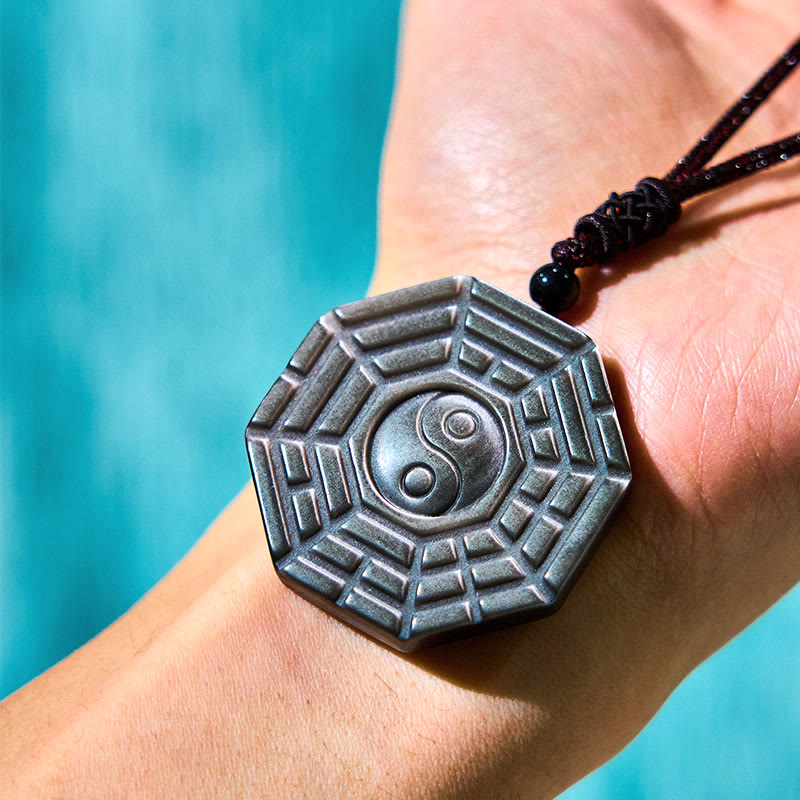 Buddha Stones Silver Sheen Obsidian Bagua Yin Yang Symbol Protection Necklace Pendant - image 8