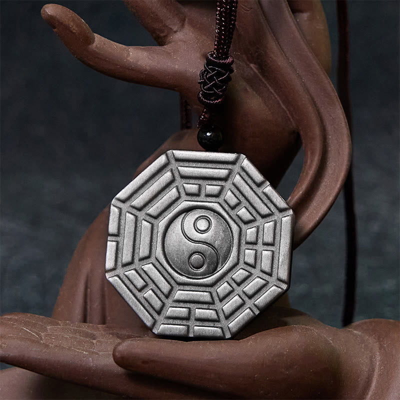 Buddha Stones Silver Sheen Obsidian Bagua Yin Yang Symbol Protection Necklace Pendant - image 13