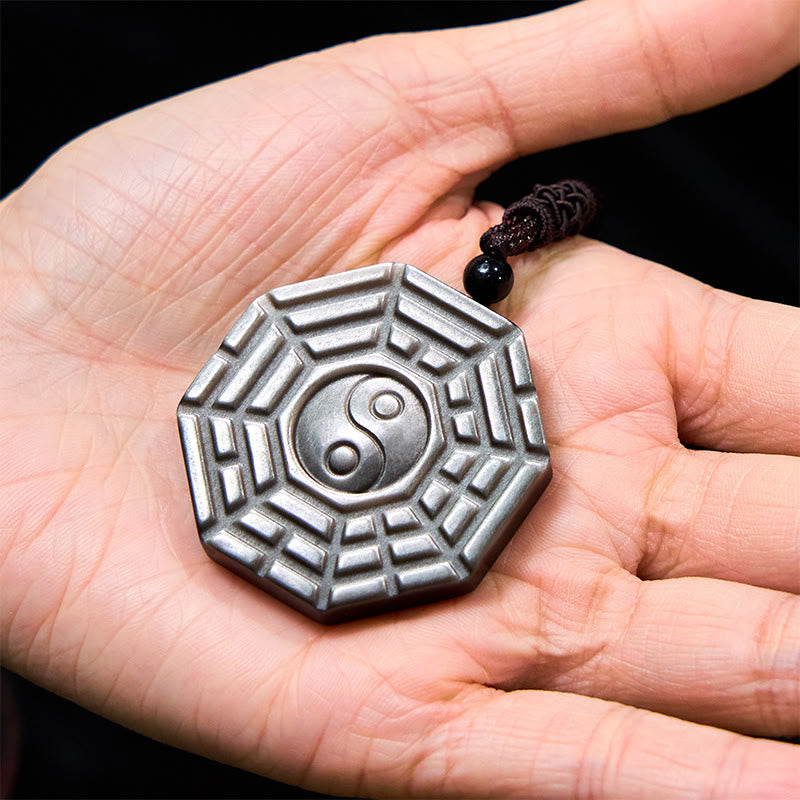 Buddha Stones Silver Sheen Obsidian Bagua Yin Yang Symbol Protection Necklace Pendant - image 11