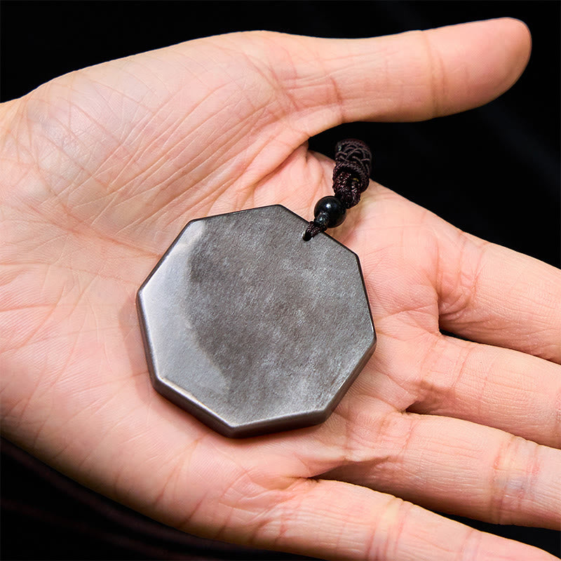 Buddha Stones Silver Sheen Obsidian Bagua Yin Yang Symbol Protection Necklace Pendant - image 9