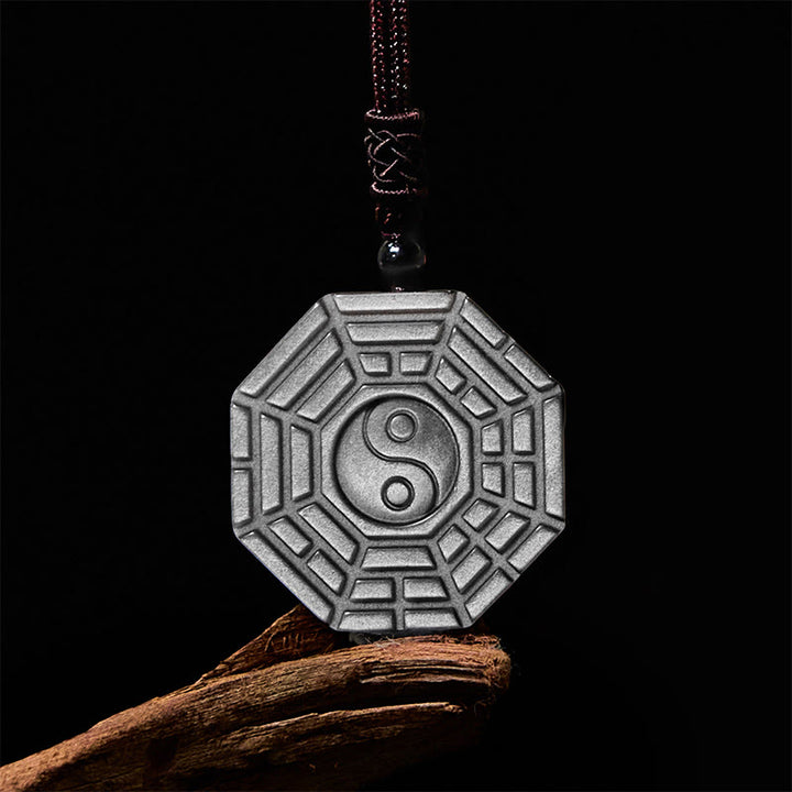 Buddha Stones Silver Sheen Obsidian Bagua Yin Yang Symbol Protection Necklace Pendant - image 15