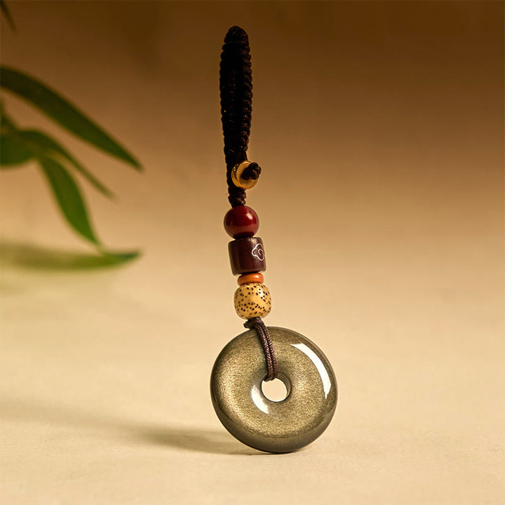 Buddha Stones Natural Gold Sheen Obsidian Peace Buckle Strengthen Key Chain - image 0