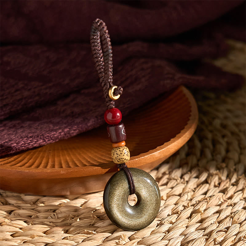 Buddha Stones Natural Gold Sheen Obsidian Peace Buckle Strengthen Key Chain - image 4