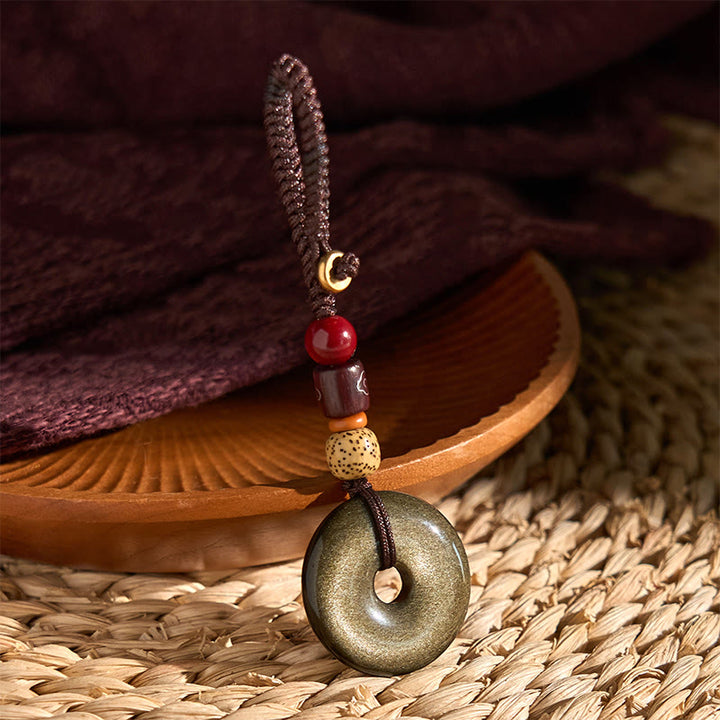 Buddha Stones Natural Gold Sheen Obsidian Peace Buckle Strengthen Key Chain - image 4