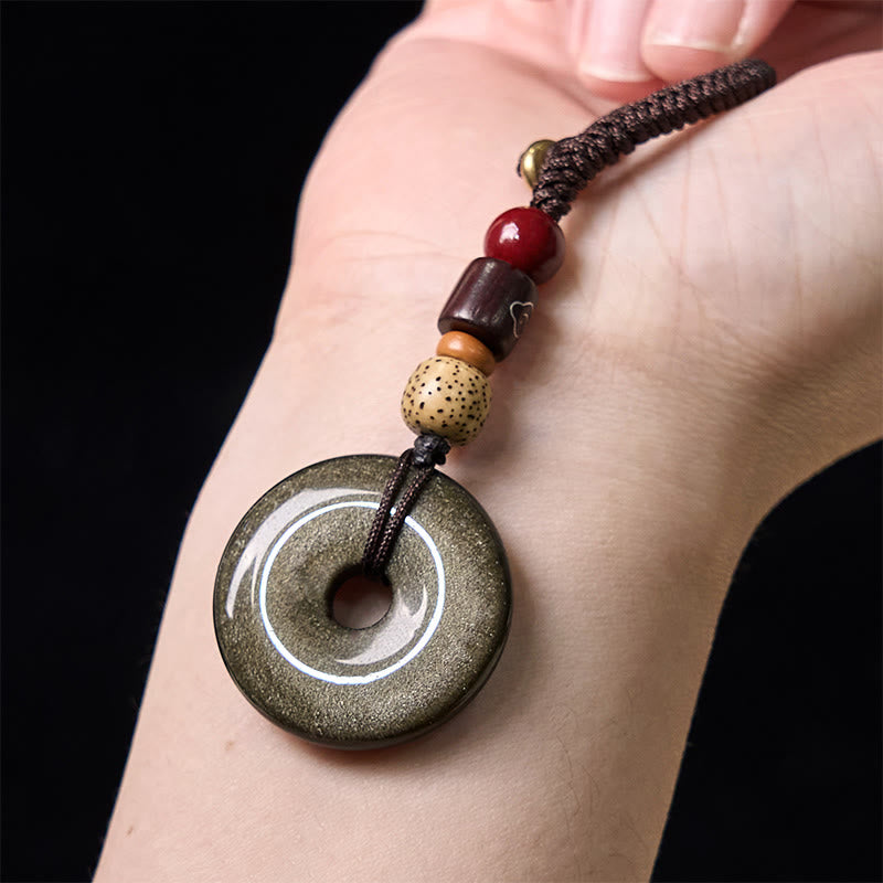 Buddha Stones Natural Gold Sheen Obsidian Peace Buckle Strengthen Key Chain - image 2