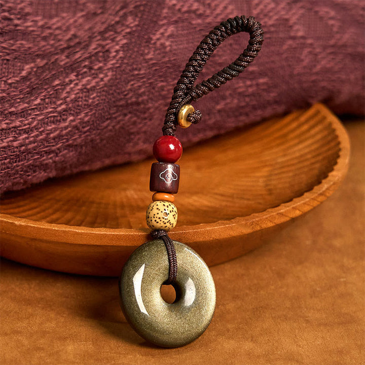 Buddha Stones Natural Gold Sheen Obsidian Peace Buckle Strengthen Key Chain - image 5