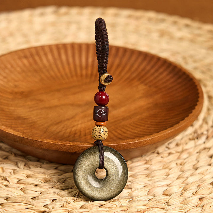 Buddha Stones Natural Gold Sheen Obsidian Peace Buckle Strengthen Key Chain - image 3