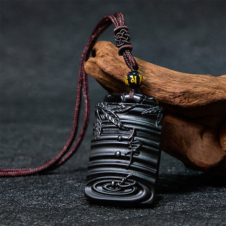 Buddha Stones Natural Black Obsidian Bamboo Fulfillment Necklace Pendant - Black Obsidian - image 0