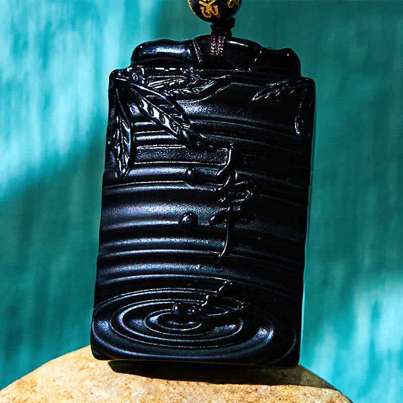 Buddha Stones Natural Black Obsidian Bamboo Fulfillment Necklace Pendant - image 12