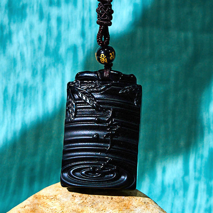 Buddha Stones Natural Black Obsidian Bamboo Fulfillment Necklace Pendant - image 11