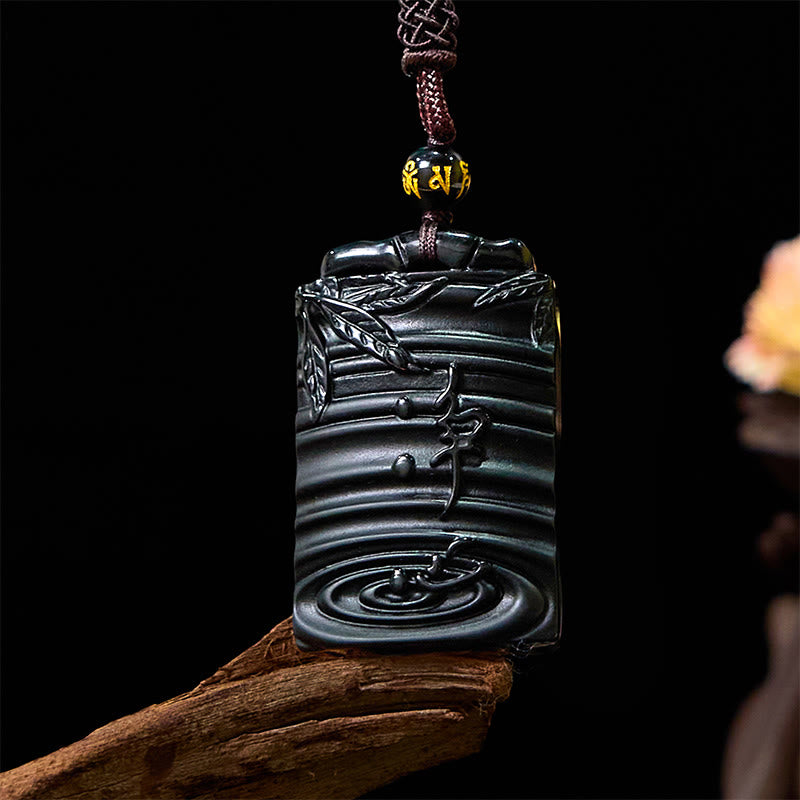 Buddha Stones Natural Black Obsidian Bamboo Fulfillment Necklace Pendant - image 1