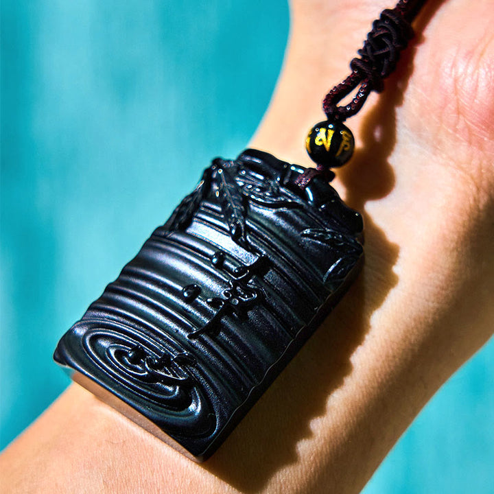 Buddha Stones Natural Black Obsidian Bamboo Fulfillment Necklace Pendant - image 10