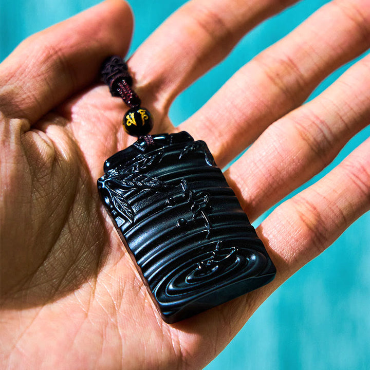 Buddha Stones Natural Black Obsidian Bamboo Fulfillment Necklace Pendant - image 9