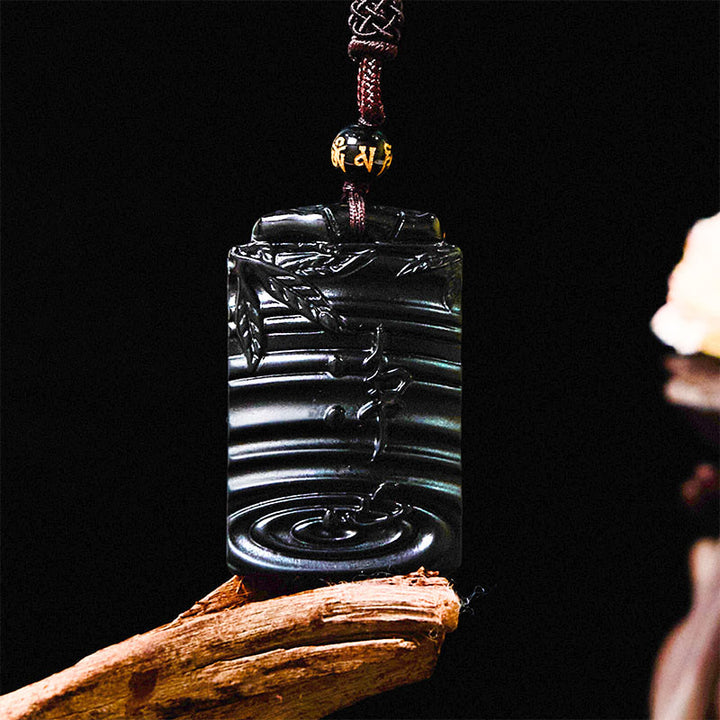 Buddha Stones Natural Black Obsidian Bamboo Fulfillment Necklace Pendant - image 8