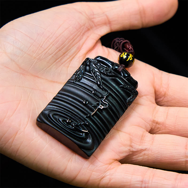 Buddha Stones Natural Black Obsidian Bamboo Fulfillment Necklace Pendant - image 4