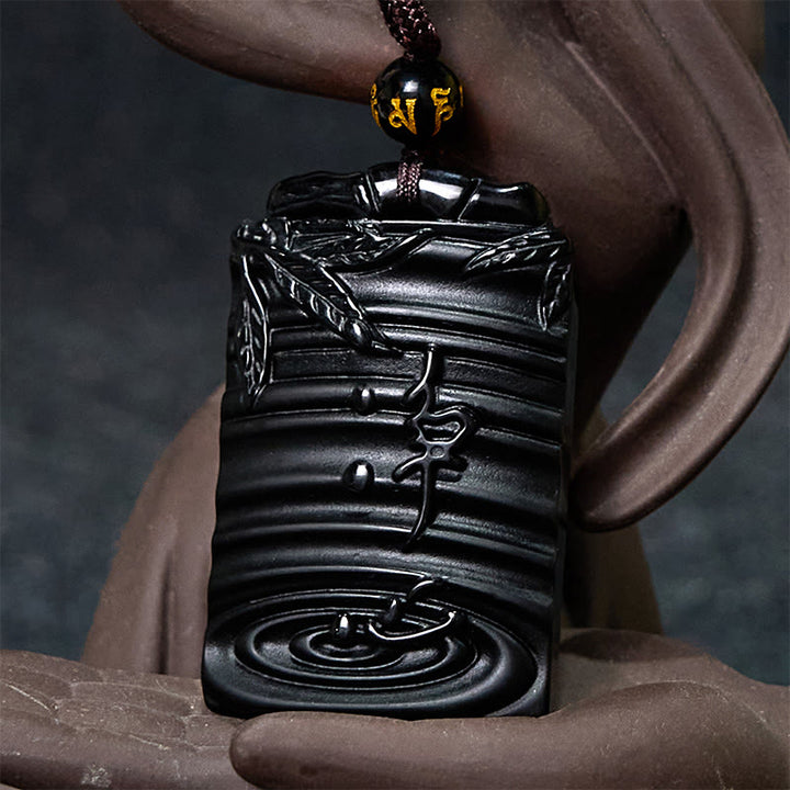 Buddha Stones Natural Black Obsidian Bamboo Fulfillment Necklace Pendant - image 7