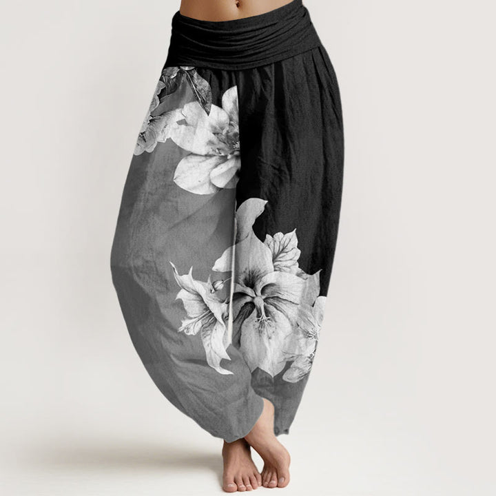 Buddha Stones Cotton Camellia Pattern Women's Elastic Waist Harem Pants - Black - US22，UK/AU26，EU54 (6XL) - image 7