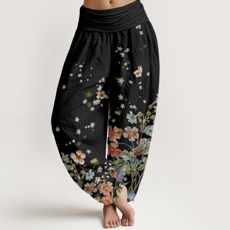 Buddha Stones Cotton Various Flowers Pattern Women's Elastic Waist Harem Pants - Black - US22，UK/AU26，EU54 (6XL) - image 0