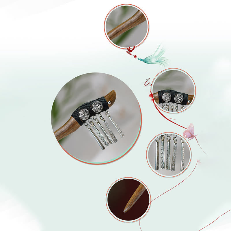 Buddha Stones Silver Tassel Green Sandalwood Soothing Hairpin - image 4