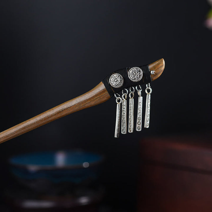 Buddha Stones Silver Tassel Green Sandalwood Soothing Hairpin - Green Sandalwood Hairpin - image 0